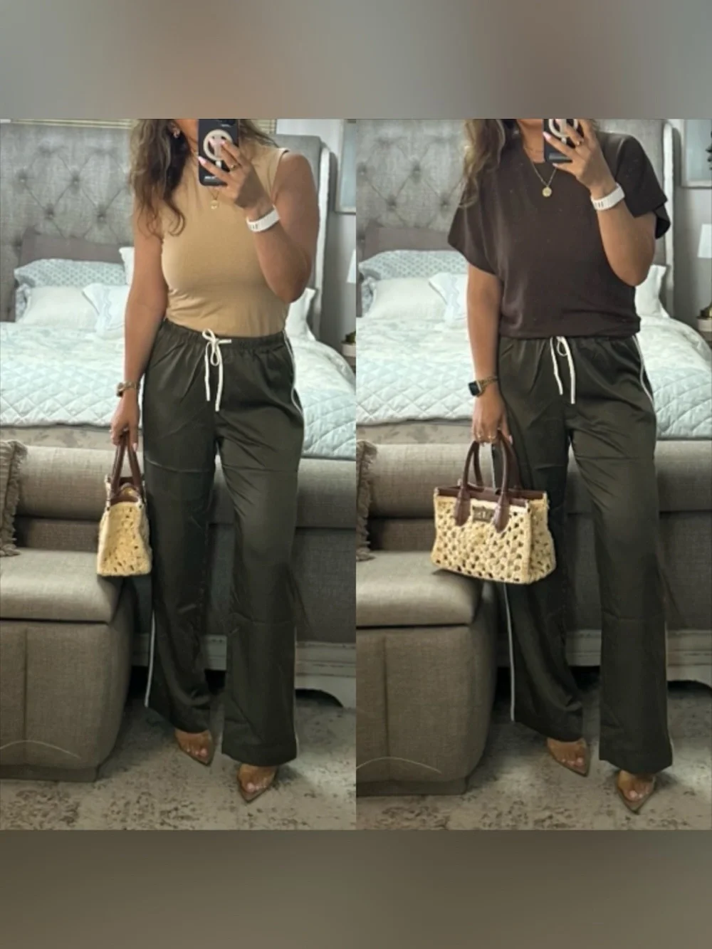 New🍂 🫒 Sporty Luxe Olive Satin Wide-Leg Pants